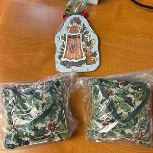 Longaberger 6x6 Holly Tapestry door decorations. Plus a gingerbread girl coaster